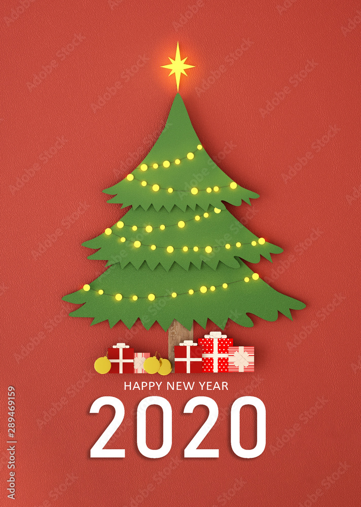 Naklejka premium Merry Christmas and Happy New Year paper art card with moon light ,stars and fireworks on night sky ,illustration,3d rendering, paper art and craft style,work space or copy space wishing card 