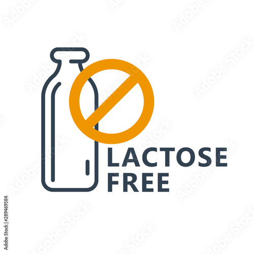 Lactose free icon - milk bottle icon with ban sign, dairy package stamp