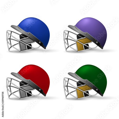 Cricket helmets set with protective grill, cricket headpiece side view