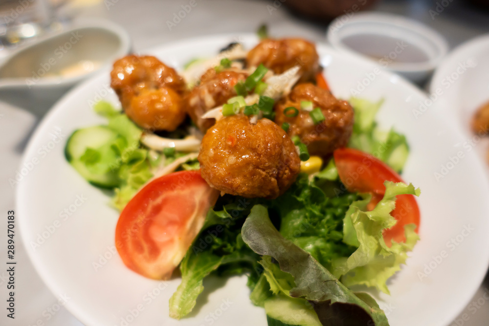 Fried chicken crispy on plate with salad Fried chicken crispy on plate with salad