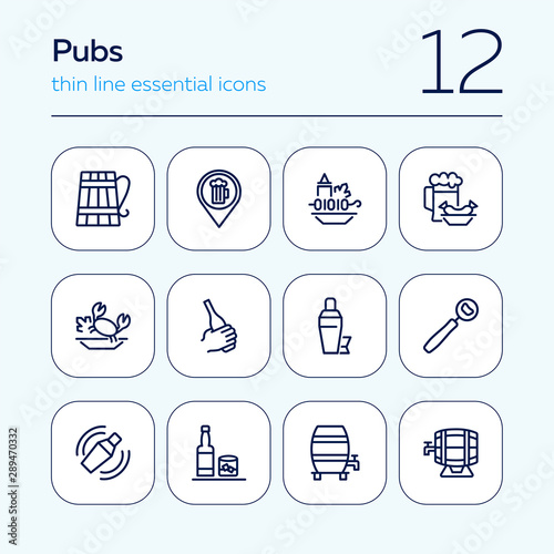 Pubs line icon set. Set of line icons on white background. Cocktail, beer mug, fresh crab. Food concept. Vector illustration can be used for topics like eating, drinking, resting