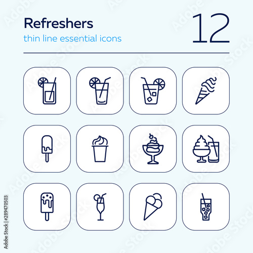 Refreshers line icon set. Cola, ice cream, lemonade. Drink concept. Can be used for topics like cafe, menu, food