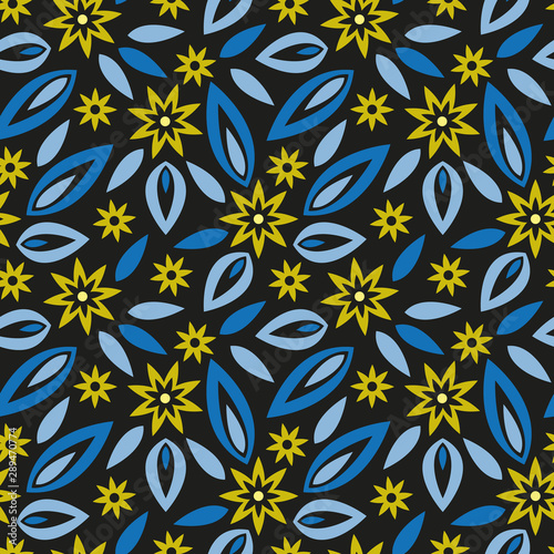 Vector seamless folk pattern in black. Simple flower and leaf shape made into repeat. Great for background  wallpaper  wrapping paper  packaging  fashion.
