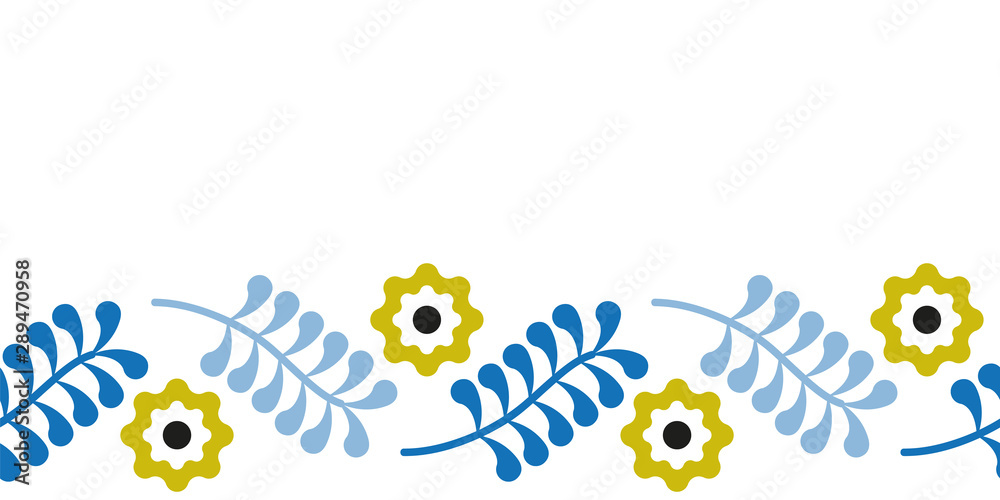 Vector flower and twig shape made into folk repeat border. Great for invitations, decor,packaging.
