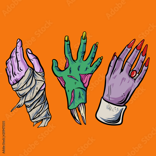 halloween hand clip art with mummy , zombie , and dracula vector illustration. Halloween design for t-sticker