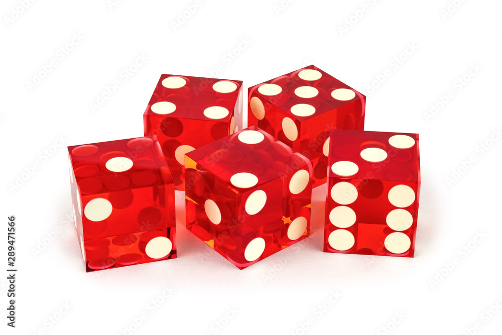 Five red poker game dice close-up isolated on a white background / result of a Five red poker game dice close-up isolated on a white background / result of a