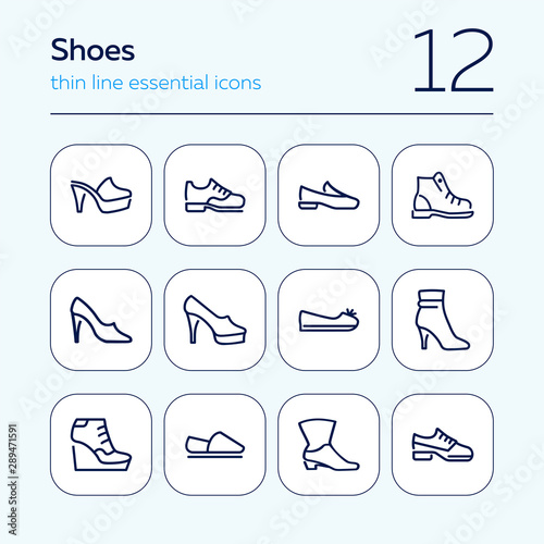 Shoes line icon set. Set of line icons on white background. Cowboy boot, espadrille, high heel shoes. Fashion concept. Vector illustration can be used for topics like clothing, fashion, shoes