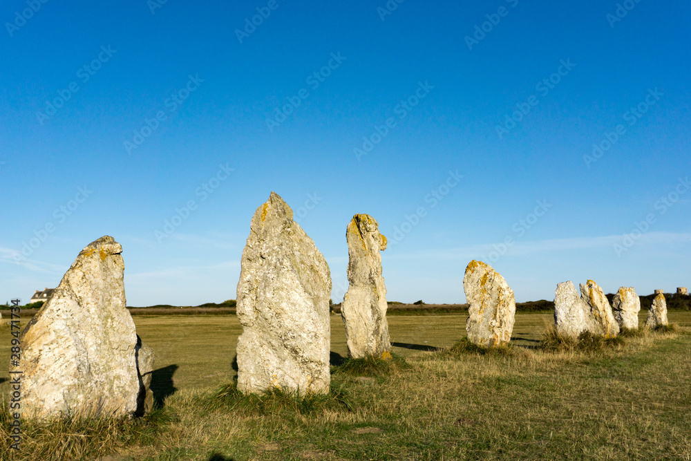 the standing stone alignements of Lagatjar in Brittany in soft morning light