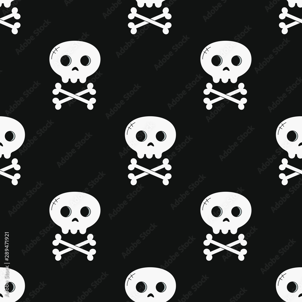 Seamless Halloween pattern with cute skulls on black background for greeting card, gift box, fabric, wallpaper, web design. Seamless Halloween pattern with cute skulls on black background for greeting card, gift box, fabric, wallpaper, web design.