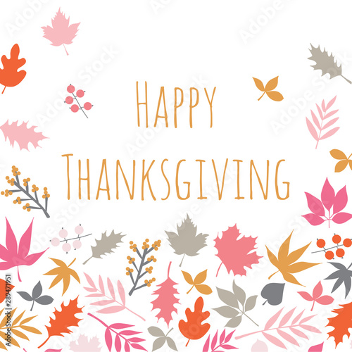 Happy Thanksgiving Scandi style card with autumn abstract doodle leaves background. Thanksgiving template design Scandinavian style with leaf pattern. Red pink gold orange gray illustration.