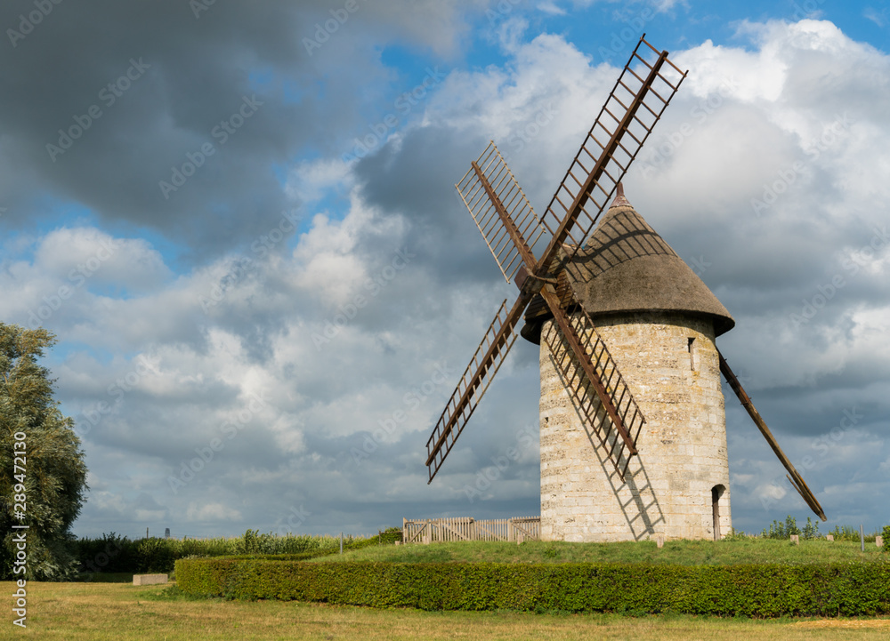 horizontal view of the historic windmill Moulin de Pierre in Hauville in Normandy