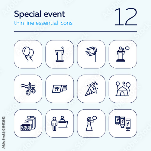 Special event line icon set. Air balloons, cutting ribbon, event reception. Celebration concept. Can be used for topics like birthday party, prom, holiday