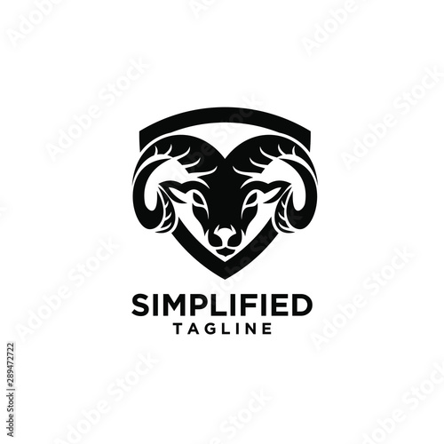Rams goat head shield sport logo with black color and white background black logo icon designs vector illustration