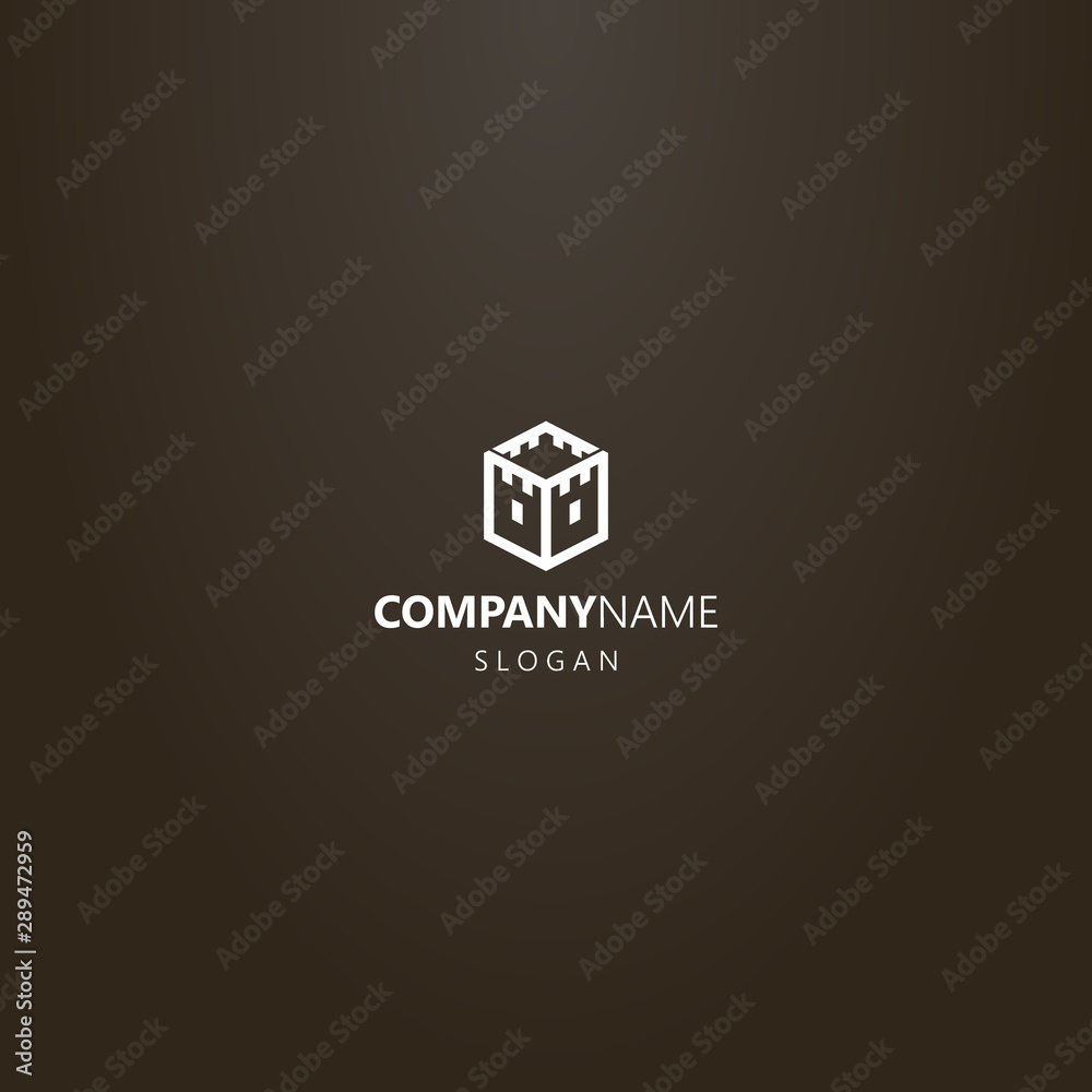 white logo on a black background. simple vector geometric line art logo of a medieval tower in the shape of a hexagon