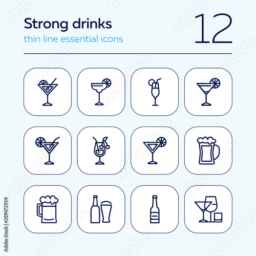 Strong drinks icons. Set of line icons on white background. Beer bottle, martini, margarita cocktail. Alcohol concept. Vector illustration can be used for topic like drinks, bar, menu