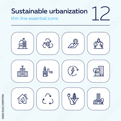 Sustainable urbanization icon set. Line icons collection on white background. City, recycling, consumption. Renewable energy concept. Can be used for topics like environment, engineering, development