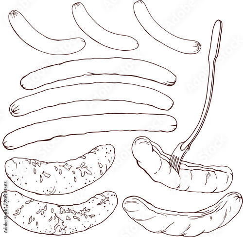 Vector set with sausages and fork. Isolated on white hand drawn linear elements for food design. October fest