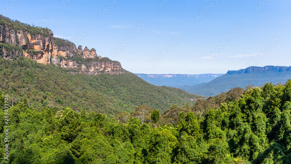 Blue Mountains Rocky Cliffs Trees Valley Scenic Landscape 
