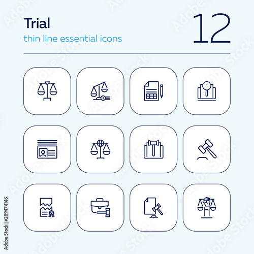 Trial line icon set. Scale, judge gavel, case. Justice concept. Can be used for topics like courthouse, court, law