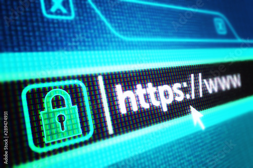 Secure internet connection concept, close-up view of a computer screen with a web browser with a lock icon and text 
