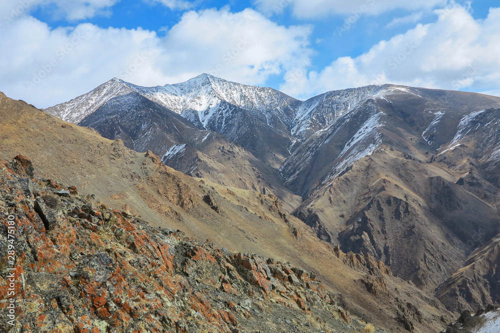 Amazing winter landscape in Mongolia. Colorful scene in the mountains, Tsagaan Shuvuut National Park, Mongolia, Asia. Beauty of mountains concept background. 