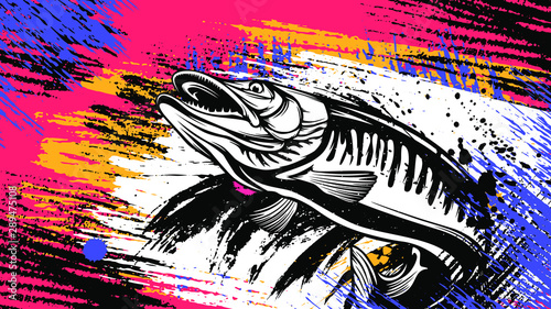 Pike fishing emblem shirt. Pike fish logo vector. Outdoor fishing background theme. Angry fish logo.