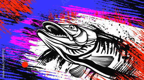 Pike fishing emblem shirt. Pike fish logo vector. Outdoor fishing background theme. Angry fish logo.