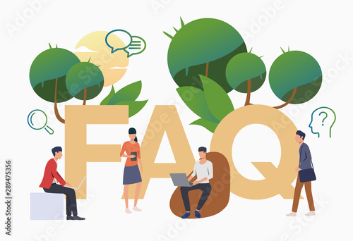 Group of people asking frequent questions. FAQ, confusion, support. FAQ concept. Vector illustration for website, landing page, online store