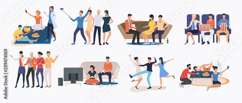 Set of friends spending time together. Group of people enjoying themselves. Happy friends concept. Vector illustration for website, landing page, online store