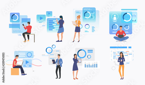 Set of people using modern technologies. Group of men and women working with interfaces. User interface concept. Vector illustration for website, landing page, online store