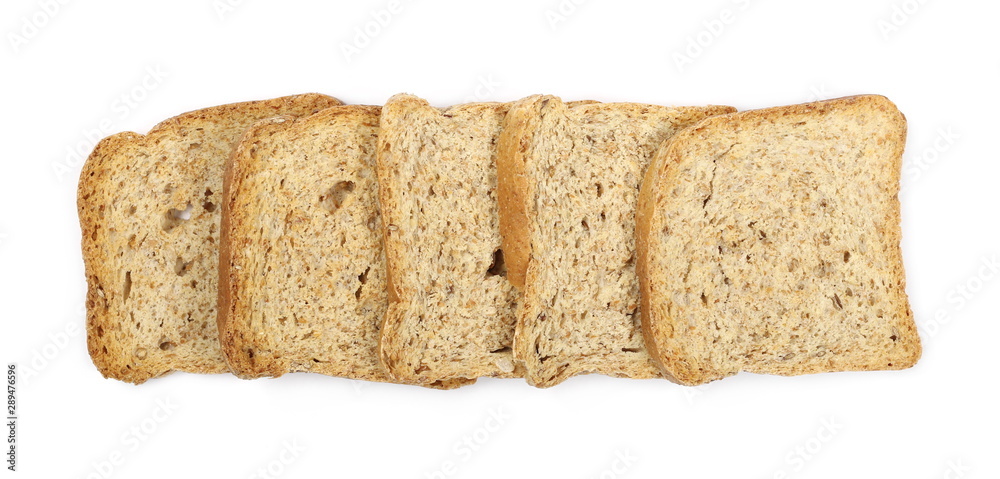 Rye toast slices with seeds isolated on white background, top view Rye toast slices with seeds isolated on white background, top view