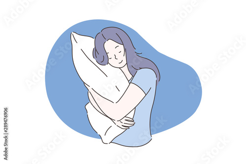 Sweet dream or sleep concept. Sleeping young girl hugs or holding a pillow or overslept to work. The woman took a sleeping pill for insomnia. Vector flat design.