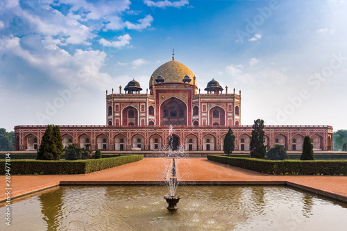 Humayun's tomb of Mughal Emperor Humayun designed by Persian architect Mirak Mirza Ghiyas in New Delhi, India. Tomb was commissioned by Humayun's wife