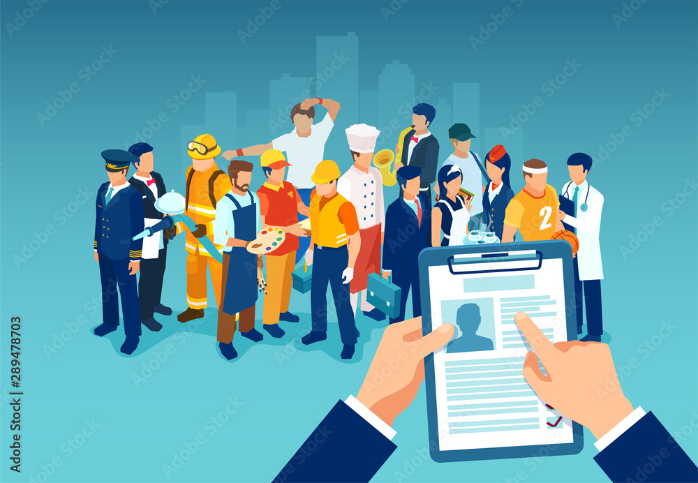 Vector of a businessman hand holding a CV profile of an professional employee or worker Vector of a businessman hand holding a CV profile of an professional employee or worker