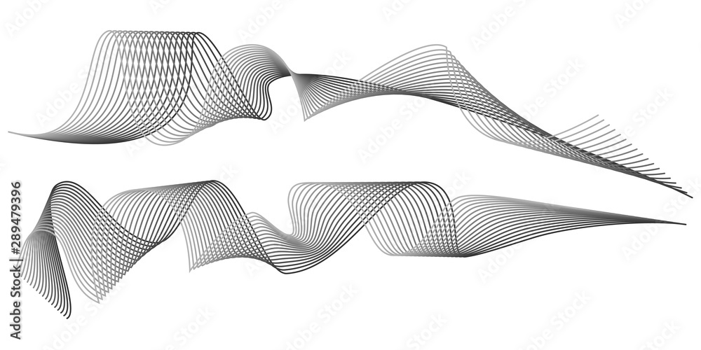 Set of Wave of the many gray lines. Design elements. Curved smooth arrow tape. Abstract wavy stripes isolated on a white background. Creative line art.