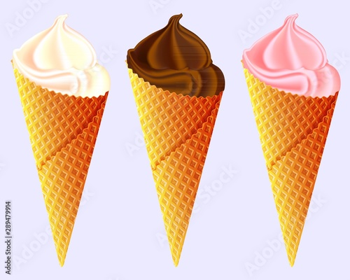 Different flavors of Ice Cream in a waffles cones or icecream scoops isolated on white background. Creamy, chocolate and berry or fruit topping.