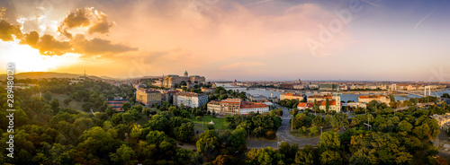Sunset aerial view of Budapest with Buda castle, Danube, Krisztinavaros, Taban