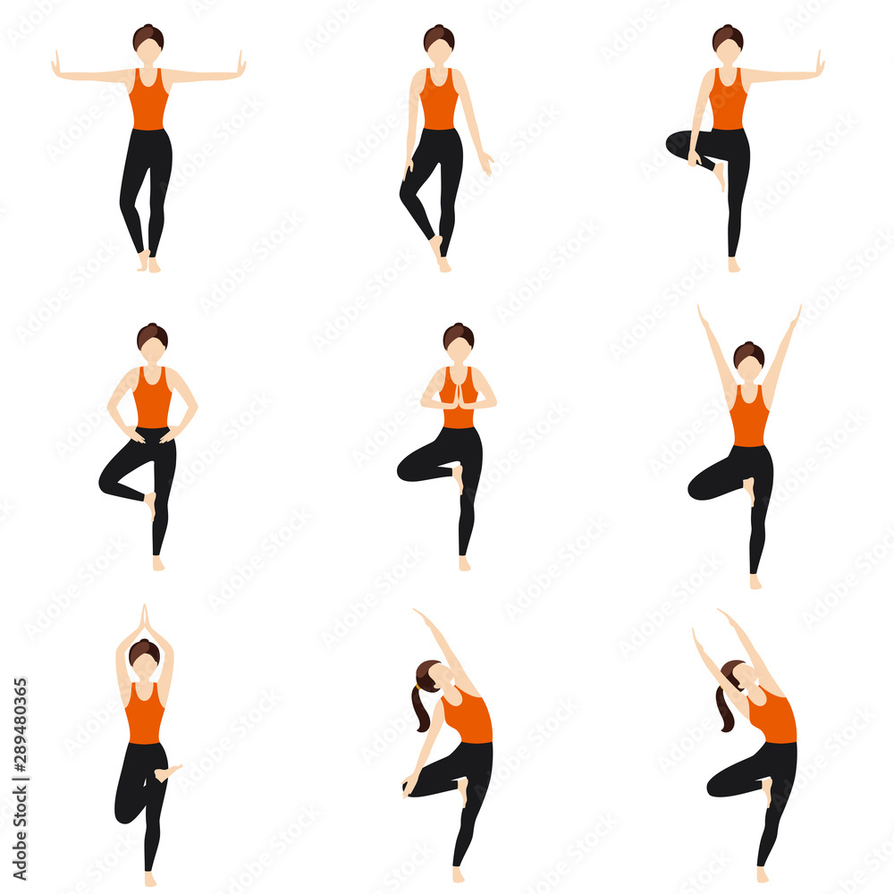 Tree pose variations yoga asanas set/ Illustration stylized woman  practicing vrikshasana and side bend Stock Vector