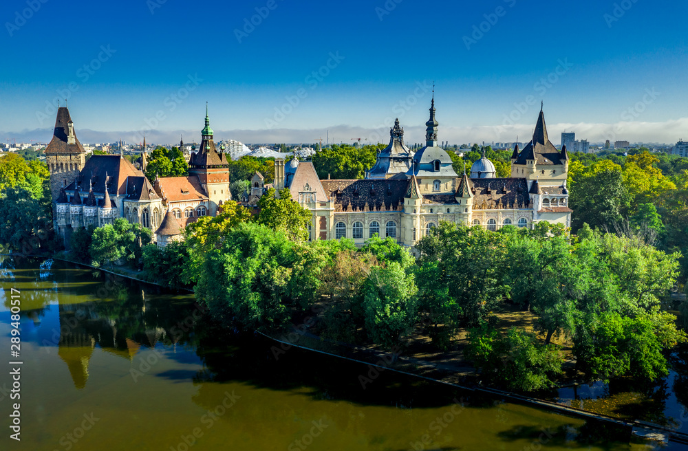 Vajdahunyad castle in Varosliget Budapest Hungary with reflection in the water