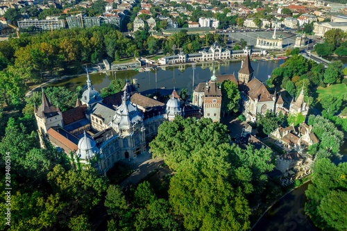 Aerial view of Vajdahunyad castle in Varosliget Budapest Hungary