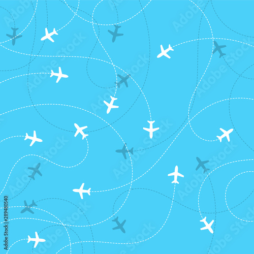 Airplane destinations seamless background. Adventure time concept