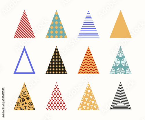 Abstract Christmas postcard with colored triangle minimalistic fir trees. Trees in different patterns and colors. Merry Christmas