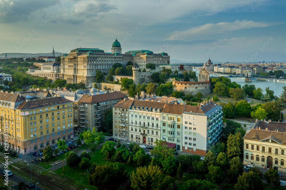 Aerial view of Buda castle the Danube, the Chain bridge from the Taban in Budapest Hungary