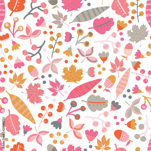 Seamless vector pattern fall doodle leaves. Scandinavian style repeating autumn pattern. Red pink gold gray leaf illustration. Use for fall decoration, Thanksgiving card, fabric, kids textiles