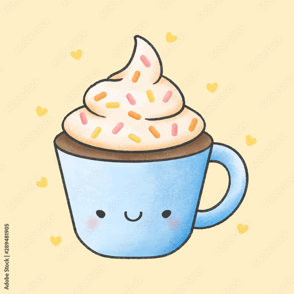 Hot chocolate and whipped cream cartoon hand drawn style Hot chocolate and whipped cream cartoon hand drawn style