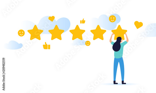 vector illustration on white background. the best estimate of performance, the score of five points. woman or men pointing at one of five stars. successful work is the highest score.