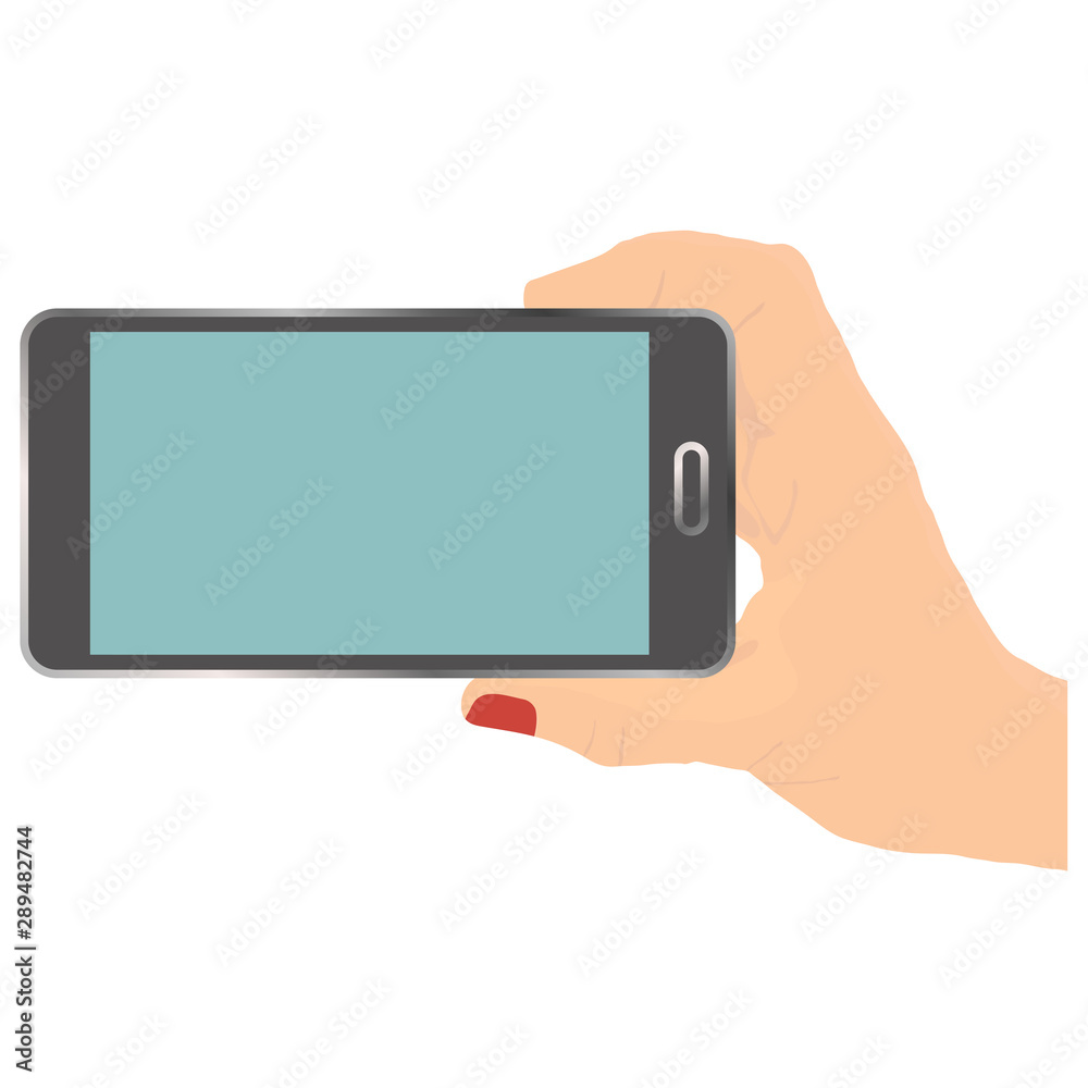hand of woman is holding smartphone with the blank screen for add your text or object vector illustration