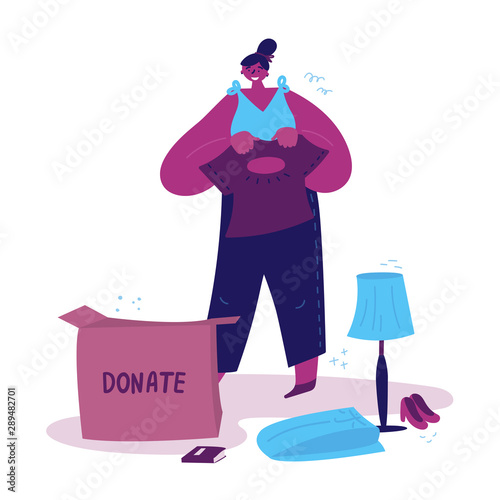 The woman decides to donate her clothes.Young woman sorts her clothes and things.Minimalistic lifestyle concept.Conscious consumption. Vector illustration.