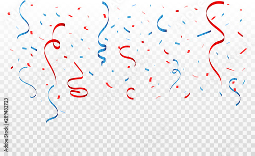 Celebration background template with confetti red and blue ribbons.