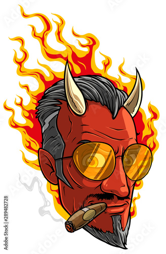 Cartoon colorful smiling sly red burning devil man character in sunglasses with horns and cigar. Isolated on white background. Halloween vector icon.